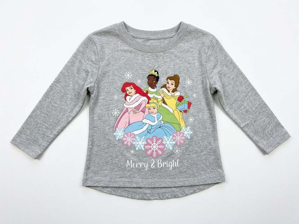 Toddler Long Sleeve Holiday Tee "Merry & Bright" Disney Princesses Size 2T Gray